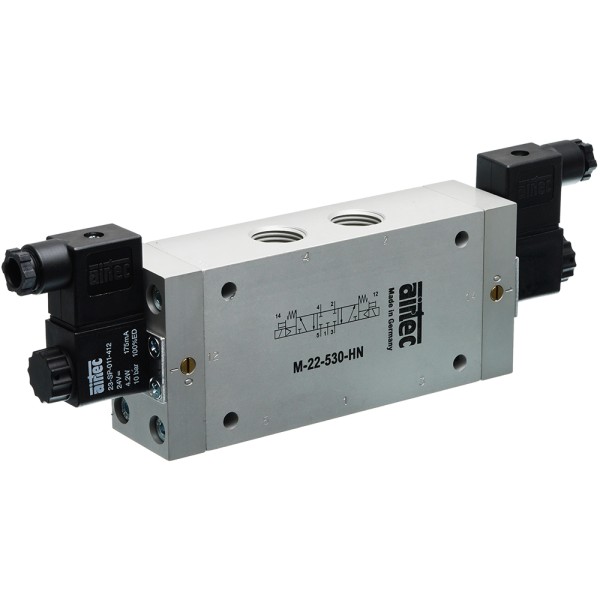 5/3-Wege Magnetventil G 1/2" 24 V DC, Mittelstellung geschlossen, 3300 l/min